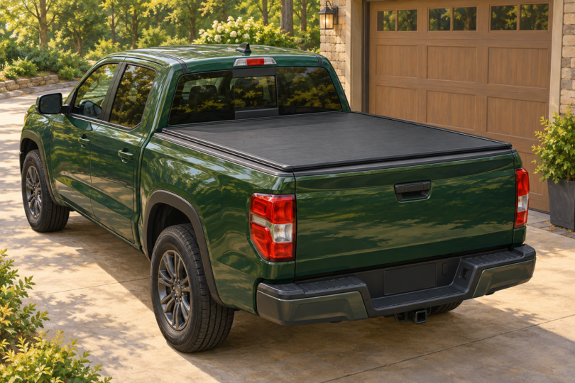 Illustration of a green pickup with a closed black bed cover beside a garage