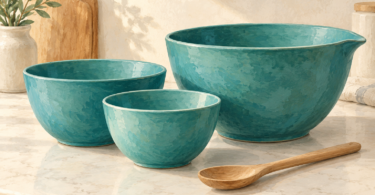 Illustration of three teal mixing bowls and a wooden spoon on a light kitchen countertop.