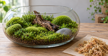 Illustration of green moss, wood and a stone in a glass terrarium beside a pile of tan dried moss