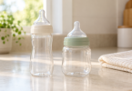 Two unbranded empty baby bottles with ivory and sage collars stand beside a folded cloth.