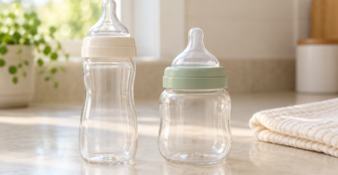Two unbranded empty baby bottles with ivory and sage collars stand beside a folded cloth.