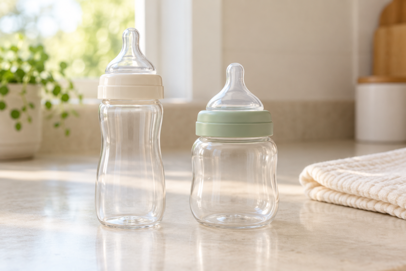 Two unbranded empty baby bottles with ivory and sage collars stand beside a folded cloth.