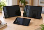 Illustration of three unbranded tablets with dark screens on a wooden table, with two larger tablets behind a smaller tablet