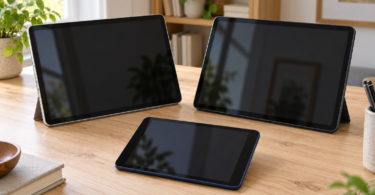 Illustration of three unbranded tablets with dark screens on a wooden table, with two larger tablets behind a smaller tablet