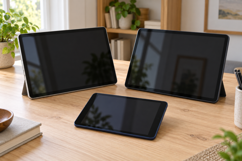 Illustration of three unbranded tablets with dark screens on a wooden table, with two larger tablets behind a smaller tablet