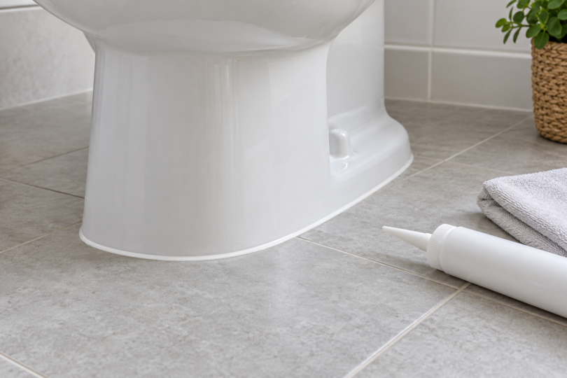 A white toilet base with a narrow white bead along a gray tile floor, beside an unbranded sealant container and a folded cloth