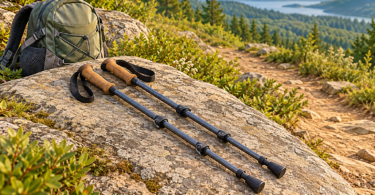 Illustration of two unbranded cork-grip trekking poles resting on a rock beside a daypack and trail