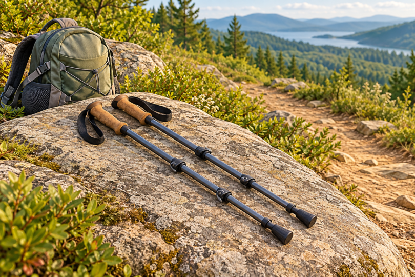 Illustration of two unbranded cork-grip trekking poles resting on a rock beside a daypack and trail