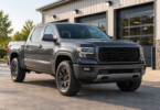 Illustration of an unbranded dark gray pickup parked outside an automotive workshop.