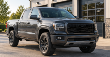 Illustration of an unbranded dark gray pickup parked outside an automotive workshop.