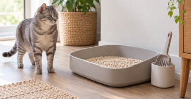 Gray tabby cat beside an open litter tray filled with pale pellets and a scoop