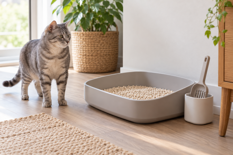 Gray tabby cat beside an open litter tray filled with pale pellets and a scoop