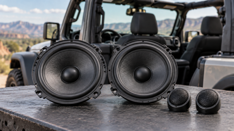 Two generic car-audio woofers and two tweeters on a workbench with an open-top off-road vehicle in the background.