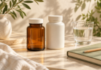 Two unlabeled supplement bottles beside a glass of water and a notebook on a sunlit table.
