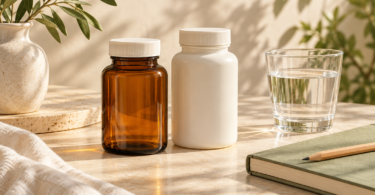 Two unlabeled supplement bottles beside a glass of water and a notebook on a sunlit table.