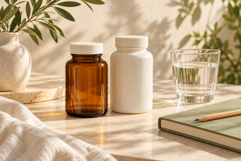 Two unlabeled supplement bottles beside a glass of water and a notebook on a sunlit table.