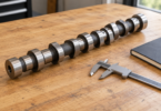 An unbranded camshaft, a metal caliper and a closed dark notebook on a wooden workshop bench.