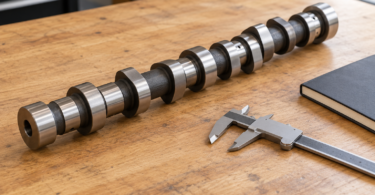An unbranded camshaft, a metal caliper and a closed dark notebook on a wooden workshop bench.