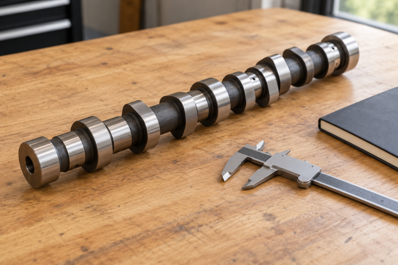 An unbranded camshaft, a metal caliper and a closed dark notebook on a wooden workshop bench.