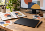 A black pen tablet and stylus sit on a wooden desk beside an open sketchbook, color swatches and a monitor showing abstract shapes.