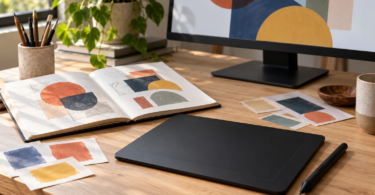 A black pen tablet and stylus sit on a wooden desk beside an open sketchbook, color swatches and a monitor showing abstract shapes.