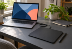 A silver laptop showing abstract blue and coral shapes sits beside a black pen tablet, stylus and coiled cable on a charcoal desk.