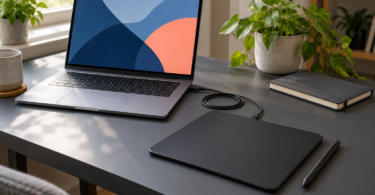 A silver laptop showing abstract blue and coral shapes sits beside a black pen tablet, stylus and coiled cable on a charcoal desk.
