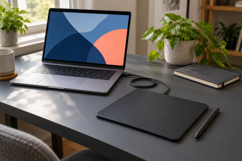 A silver laptop showing abstract blue and coral shapes sits beside a black pen tablet, stylus and coiled cable on a charcoal desk.