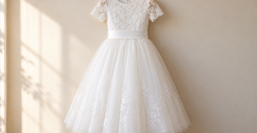 A white short-sleeved lace and tulle dress hanging against a softly lit neutral wall.