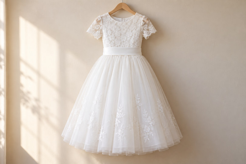 A white short-sleeved lace and tulle dress hanging against a softly lit neutral wall.