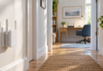 An unbranded white Wi-Fi extender plugged into a hallway wall with a router on a desk in the adjoining home office.
