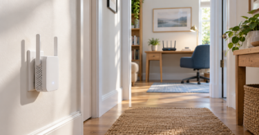 An unbranded white Wi-Fi extender plugged into a hallway wall with a router on a desk in the adjoining home office.