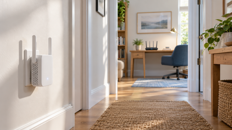 An unbranded white Wi-Fi extender plugged into a hallway wall with a router on a desk in the adjoining home office.