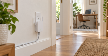 A white Wi-Fi extender with an Ethernet cable is plugged into a hallway outlet near a home office.