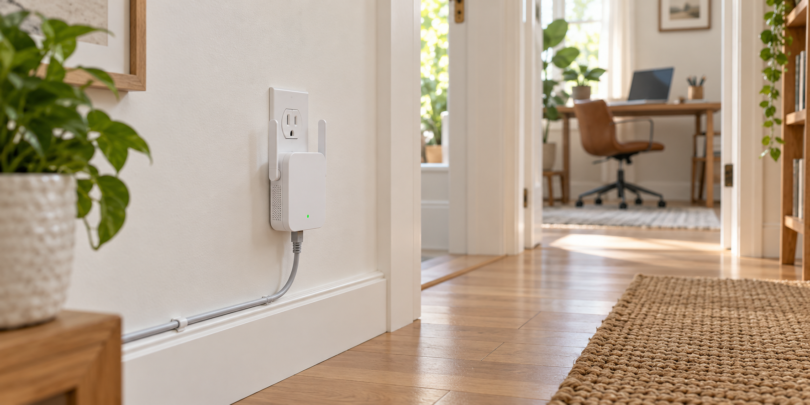 A white Wi-Fi extender with an Ethernet cable is plugged into a hallway outlet near a home office.