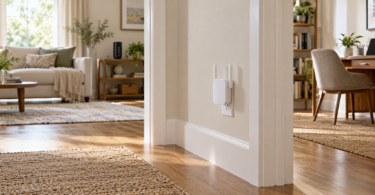 Generic Wi-Fi extender in a hallway between a living room and home office