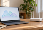 Laptop displaying an abstract signal graph beside a white wireless router on a home-office desk.