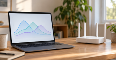 Laptop displaying an abstract signal graph beside a white wireless router on a home-office desk.