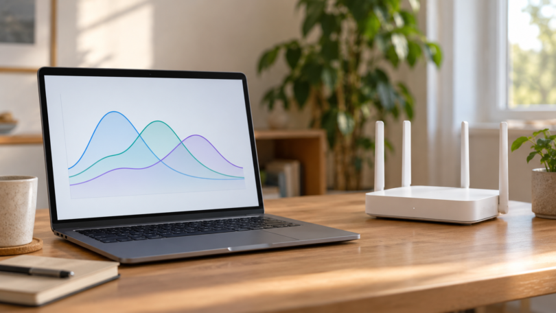 Laptop displaying an abstract signal graph beside a white wireless router on a home-office desk.