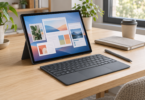 An unbranded graphite tablet on its kickstand displays abstract app windows beside a detached keyboard, stylus, notebook and coffee cup on a wooden desk.