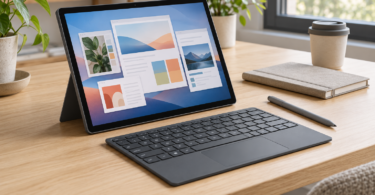 An unbranded graphite tablet on its kickstand displays abstract app windows beside a detached keyboard, stylus, notebook and coffee cup on a wooden desk.