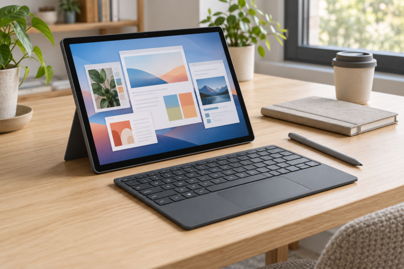 An unbranded graphite tablet on its kickstand displays abstract app windows beside a detached keyboard, stylus, notebook and coffee cup on a wooden desk.