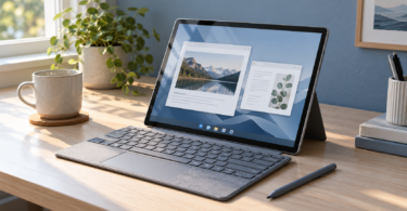 An unbranded tablet computer on a kickstand showing fictional document windows, with a detachable keyboard and stylus on a desk.