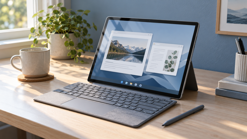 An unbranded tablet computer on a kickstand showing fictional document windows, with a detachable keyboard and stylus on a desk.