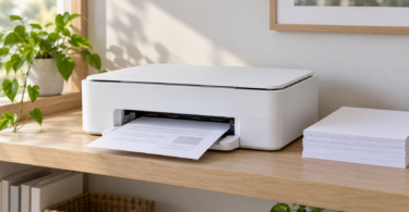 An unbranded white printer on a light wood shelf beside a stack of paper.