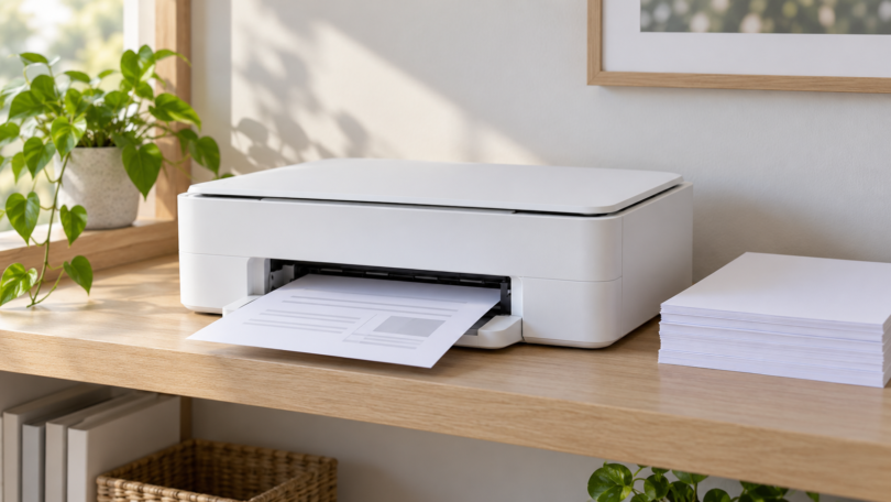 An unbranded white printer on a light wood shelf beside a stack of paper.