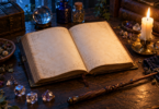 An open blank parchment book, translucent dice, a wooden wand and a lit candle on a dark wooden table.