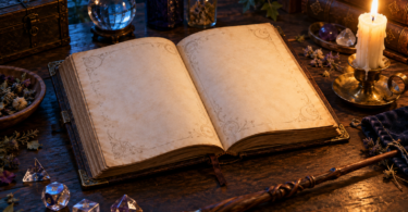 An open blank parchment book, translucent dice, a wooden wand and a lit candle on a dark wooden table.