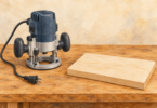 Illustration of an unplugged woodworking router beside a separate blank wooden sign board.