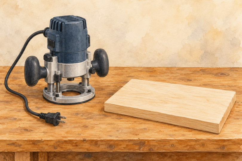 Illustration of an unplugged woodworking router beside a separate blank wooden sign board.